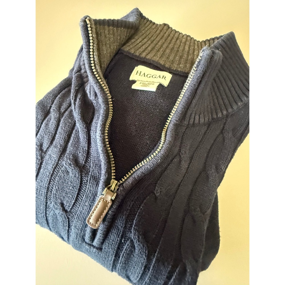 Haggar Mens XXL Navy Blue Cable Knit Quarter Zip Mock Neck Pullover Sweater